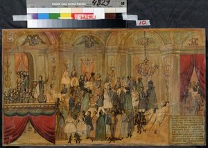 Boldkostume med djævelen (Fancy-dress Ball with Devil). Anonym tegning, begyndelsen af ​​1800-tallet, akvarel og gouache på papir. State Central A. Bakhrushin Theatre Museum, Moskva af Unknown artist