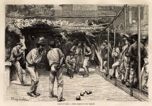 Boldspillere i Rom (Italien). Gravering til illustration af rejsen til Rom, af Francis Wey, i 1864-1868, offentliggjort i "Le tour du monde, nouveau journal des voyages", under ledelse af Edouard Charton af Unknown artist