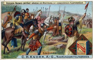 Barbarinvasioner - Under gennemgangen af tropperne modtager hertuginde Hadwig munkene, der nærmer sig i baggrunden. af Unknown artist