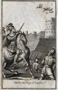 Barbariske invasioner - Attila (ca. 406-453), konge af hunnerne, under belejringen af Aquilee (Aquileia) i Italien, 452. Indgravering i "Beaute de l