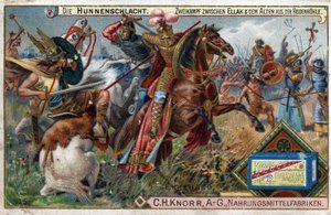 Barbariske invasioner - Historien om Ekkehard IV af St. Gallen eller Eckhard, Eckhart (980 -1057) lærd og latinsk digter. Hunnernes slag. En enestående kamp mellem Ellak og den ældste af Heidenhohle. af Unknown artist
