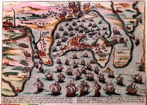 Battle Plan of Cales Males (Spanien) den 30. juni 1596. Den hollandske og engelske hærs flåde går ind som venner ved Cales Males med 180 skibe. Næste dag 1. juli, overrasket af forræderi, måtte de forlade byen med skam. Gravering af Unknown artist