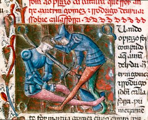 Kamp mellem Rodrigo Diaz de Vivar dit Le Cid (1043-1099) og Martin Gomez. Miniaturebillede "" Chronicles of Spain"" af Unknown artist