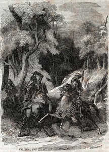 Slaget mellem Roland og Ferragus - indgravering af 1851 fra "" Furious Roland"" (Orlando furioso) (1500-tallet) af Ludovico Ariosto, kendt som Ariosta - Udgave oversat fra italiensk af greven af Tressan og udgivet af Gustave Harvard 1851 af Unknown artist