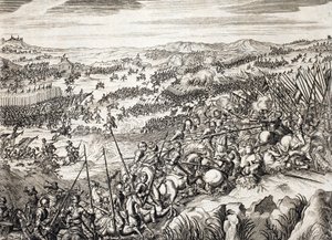 Slaget ved Gembloux (1578) (Slaget ved Gembloux) Spansk hær mod hæren af 16 af de sytten provinser i Holland - indgravering i "Histoire De La Guerre Des Paisles-Bas" af Famiano Strada (1572-1649) af Unknown artist