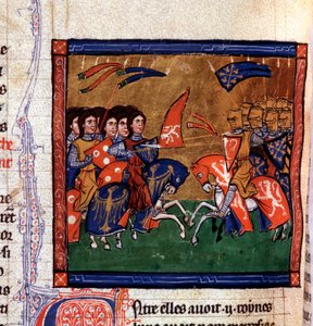 Slaget mellem krigere til hest mod Amazons Miniature fra manuskriptet "" Ancient History to Cesar"", af Saint John of Acre af Unknown artist