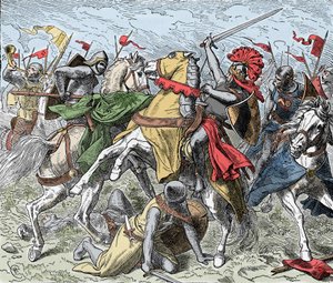 Battle on the Elster: Rudolf of Swabia Mortally Wounded - Revolt of the Saxons (1073-1075): Rodolph of Rheinfelden (ca. 1025-1080), hertug of Swabia og antiking af romerne bliver dødeligt såret i et slag nær Elster, mod tropperne af Henrik IV af af Unknown artist