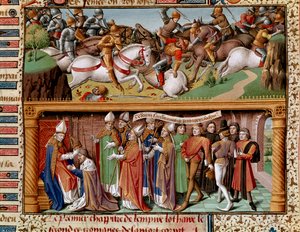 Kampscene og kroning af kejser Lothary II af Supplinburg (1075-1137) Miniature i "" Det historiske spejl"" (Speculum Historiale) (ms. 1196 fol. 245 r.) af Vincent de Beauvais (11. af Unknown artist