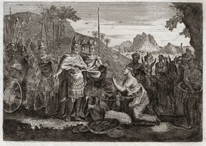 Bible of Royaumont, Gamle Testamente: Abigail. Abigail, Nabals kone, dulmer Davids vrede med sin visdom. Illustration fra 1811. af Unknown artist