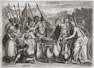 Bible of Royaumont, Gamle Testamente: Abraham udfrier Loth. Abraham redder sin nevø Loth fra fjendernes hænder. Ypperstepræsten Melkisedek (Melkisedek eller Melkisedek eller Melkisedek eller Melkisedek eller Melkisedek) benit. Kongen af ​​Sodoma tilbød ham af Unknown artist