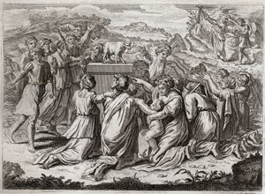 Bible of Royaumont, Gamle Testamente: Tilbedelse af den gyldne kalv. Da Moses så hebræerne og guldkalven, bryder han lovens tavler. Illustration fra 1811. af Unknown artist