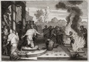 Bible of Royaumont, Gamle Testamente: Ahaz Unholy King. Den onde Ahaz, Judas konge, irriterer Gud og bliver overgivet til fjenderne. Illustration fra 1811. af Unknown artist