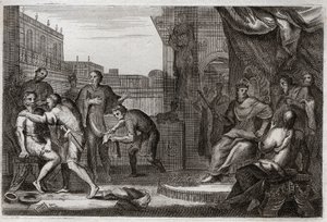 Bible of Royaumont, Gamle Testamente: Davids ambassadører. David sendte Joab mod ammonitterne for at hævne sig for den fornærmelse, som deres fyrste Hanon havde gjort mod sine ambassadører, som han havde taget som spioner. Illustration fra 1811. af Unknown artist