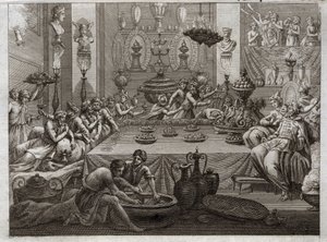 Bible of Royaumont, Gamle Testamente: Balthazar fordømmer. Kong Balthazar (Belshatsar) ved bordet ser en hånd, der med tre ord skriver slutningen af sin sætning. Illustration fra 1811. af Unknown artist