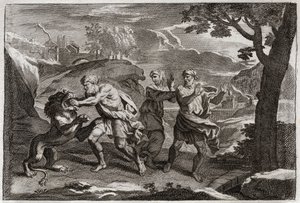 Bible of Royaumont, Gamle Testamente: Samsons fødsel. Samson river en løve i stykker. Illustration fra 1811. af Unknown artist