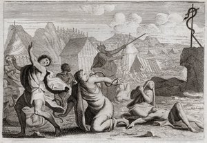 Bible of Royaumont, Gamle Testamente: Brasen Snake. Folket, der knurrer mod Gud og mod Moses, bliver straffet med ildslanger; hvorfra de blev såret af en slange af kobber, som Moses havde oprejst for at blive set fra hele folket. Illustration af Unknown artist