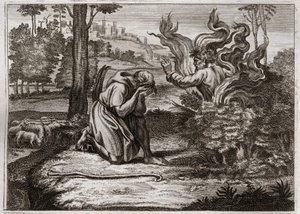 Bible of Royaumont, Gamle Testamente: Burning Bush. Gud taler til Moses midt i en brændende tornebusk. Illustration fra 1811. af Unknown artist