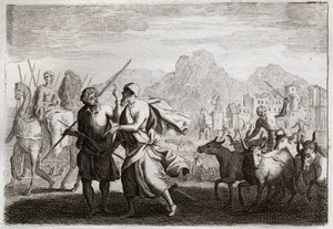 Bible of Royaumont, Gamle Testamente: Kald af Abraham. Gud kalder på Abraham og befaler ham at forlade kaldæernes land for at komme til et land, som han lovede at give ham. Illustration fra 1811. af Unknown artist