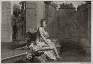Bible of Royaumont, Gamle Testamente: Kyskhed af Suzanne. To ældste, Judges of the People, pletter for at korrumpere Chastete Suzanne, mens hun var alene i sin have og tog et bad. Illustration fra 1811. af Unknown artist