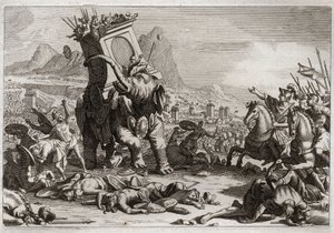Bible of Royaumont, Det Gamle Testamente: Eleazars Courage. Seleucid-kongen Antiochos V Eupator, søn af den uhellige Antiochos IV Epifanes (175-164 f.Kr.), kæmpede efter sin fars død mod Judas Makkabæer (Makkabæer, Makkabæer). Ekstraordinær handling af Ele af Unknown artist