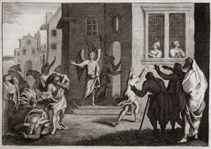 Bible of Royaumont, Gamle Testamente: Sodomitternes forbrydelser. Loth modtager engle i sit hus. Sodomitterne (Sodoma) ønsker at volde dem. Englene slår dem blindt. Illustration fra 1811. af Unknown artist