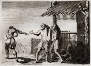 Bible of Royaumont, Gamle Testamente: Forbandet Cham af hans Fader (Noe drukkenskab). Cham, den anden af Noes børn, ser sin far i en uanstændig kropsholdning, er ligeglad og er forbandet over ham. Illustration fra 1811. af Unknown artist