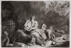 Bible of Royaumont, Det Gamle Testamente: Daniel i Løvegraven. Daniel bliver sat i Lions pit, og er mirakuløst beruset. Illustration fra 1811. af Unknown artist