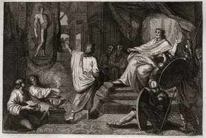 Bible of Royaumont, Gamle Testamente: Daniel profet. Profeten Daniel åbenbarer for kong Nebukadnezar II en drøm, han havde, og forklarer ham, hvad han mente. Illustration fra 1811. af Unknown artist
