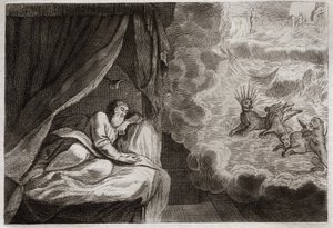 Bible of Royaumont, Gamle Testamente: Daniels vision om de fire monarkier af assyrere, persere, grækere og romere. De ser fire monstre: Haniel, Kafziel, Azriel, Aniel. Illustration fra 1811. af Unknown artist