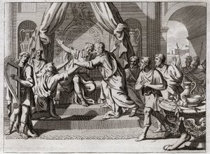 Bible of Royaumont, Det Gamle Testamente: David spiller på harpe. Saul bliver afvist fra Gud, grebet af den onde ånd. Vi leder efter en mand, der ved, hvordan man spiller på harpe, for at lindre ham i hans ondskab. Illustration fra 1811. af Unknown artist