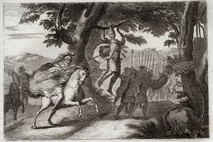 Bible of Royaumont, Gamle Testamente: Absaloms død. Absalom (eller Avshalom, Absalom), der flygter fra kamp, bliver fanget af håret har en eg, eller Joab gennemborer ham hjertet af tre darter. Illustration fra 1811. af Unknown artist