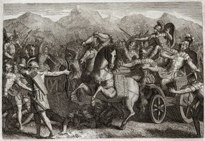 Bible of Royaumont, Gamle Testamente: Akabs død. Akab (Akhab) førte krig mod Syrien og blev dræbt med en tilfældig pil. Illustration fra 1811. af Unknown artist