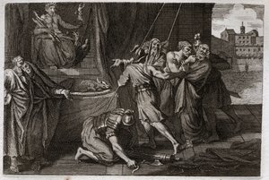 Bible of Royaumont, Gamle Testamente: Eleazars død. Den gamle helgen Eleazar blev dræbt efter ordre fra Antiochos IV Epiphane (175-164 f.Kr.), fordi han ikke ønskede at foregive at spise forsvaret kød. Illustration fra 1811. af Unknown artist