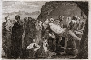 Bible of Royaumont, Gamle Testamente: Saras død. Sara (Sarah) dør. Abraham for at begrave ham købte en grav fra byen Get. Illustration fra 1811. af Unknown artist
