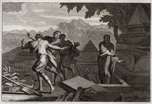 Bible of Royaumont, Gamle Testamente: Døden stiger. En død mand blev ved et tilfælde tabt ved Elisees grav, og han genopstod ved at røre ved hans knogler. Illustration fra 1811. af Unknown artist