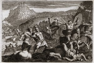 Bible of Royaumont, Gamle Testamente: Nederlag for Amalec (Amalek). Moses vandt sejren over amalekiterne ved at holde sine hænder højt i himlen. Illustration fra 1811. af Unknown artist
