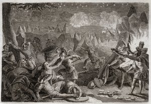 Bible of Royaumont, Det Gamle Testamente: Midjanitternes nederlag ved lyden af trompeterne og ved lampernes lys. Illustration fra 1811. af Unknown artist