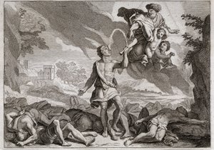 Bible of Royaumont, Det Gamle Testamente: Filisternes nederlag. Samson dræber tusind filister med et æselkæbe. Gud får vand til at strømme ud af kæben, så Samson kan slukke sin tørst. Illustration fra 1811. af Unknown artist
