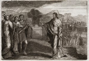 Bible of Royaumont, Det Gamle Testamente: Filisternes nederlag. Samuel tilbyder et holocaust til Gud. Så forsvarer jøderne filistrene. Illustration fra 1811. af Unknown artist
