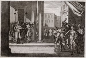 Bible of Royaumont, Det Gamle Testamente: Dina gik ud af nysgerrighed for at se kvinderne i Sikem (eller Sikem), og kongen af den by havde gjort ham til vold, hans brødre tog hævn og dræbte alle Sikems folk med kongen. Illustration fra 1811. af Unknown artist