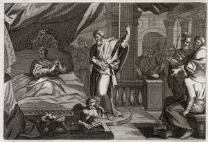 Bible of Royaumont, Det Gamle Testamente: Ezechias modtager helbred. Kong Ezechias var syg ved døden, fik helbred og yderligere femten leveår. Profeten Esajas (Esajas) annoncerer sin krig: tegnet vil være at skubbe urets skygge ti grader tilbage af Unknown artist