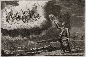 Bible of Royaumont, Gamle Testamente: Ezekiel profet. Sankt Profet havde et syn, hvor Herren viste sig for ham på en vogn, båret af fire kerubiner (tetramorf). Illustration fra 1811. af Unknown artist