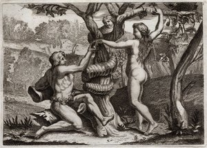 Bible of Royaumont, Gamle Testamente: Adams fald. Dæmonen under ansigtet på en slange taler til Eva, og teltet til at spise forbudt frugt: Eva falder og får også Adam til at falde. Illustration fra 1811. af Unknown artist