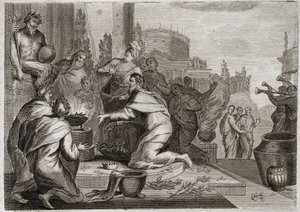 Bible of Royaumont, Gamle Testamente: Salomons fald. Salomo er fordærvet af kvinder og ofrer røgelse til de falske guders afguder. Hans død. Illustration fra 1811. af Unknown artist