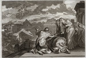 Bible of Royaumont, Gamle Testamente: Fleau of the Pest. Og da David gjorde skyggen af hele sit folk ved en forfængelig bevægelse, plager Gud sit rige med en pest, som tager halvfjerds tusinde mand på tre dage. Illustration fra 1811. af Unknown artist