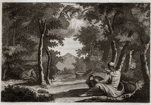 Bible of Royaumont, Det Gamle Testamente: Agarflugt. Agar (Hagar) rejser sagen Sara (Sarah) hans elskerinde. Sara snakker hårdt om sin uforskammethed. Agar kan ikke lide hende og flygtede fra huset i ørkenen, eller en engel taler med hende for at bringe he af Unknown artist