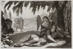 Bible of Royaumont, Det Gamle Testamente: Elias flugt. Elias flygter fra Jezabels vrede, som ville hævne sig på ham for hans falske profeters død, støttes i ørkenen af en engel, der bringer ham mad. Illustration fra 1811. af Unknown artist