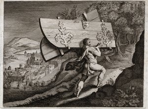 Bible of Royaumont, Gamle Testamente: Gates of Gaza. Samson, lås inde i Gaza, riv byportene ud. Illustration fra 1811. af Unknown artist