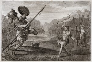 Bible of Royaumont, Gamle Testamente: Kæmpe Goliat. Goliat, filisteren, af en storslået storhed, bliver besejret af David, kun våben med en slynge og en stok. Illustration fra 1811. af Unknown artist