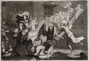 Bible of Royaumont, Gamle Testamente: Heliodor på jagt efter templet. Heliodor (Heliodoros) sendt af sin hersker for at plyndre Jerusalems tempel, blev slået med meter af engle. Illustration fra 1811. af Unknown artist